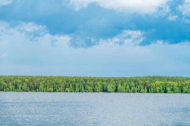 Blue lake with cloudy sky, natural background. Lake with forest on the shores at summer
