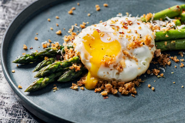 Pan Fried Asparagus With Fried Egg and Panko Gremolata Pan-fried asparagus stalks with a panko gremolata and a fried egg. Pan fry or roast your trimmed asparagus stalks, make your gremolata with some panko crumbs, olive oil and some finely chopped garlic and parsley and finish off with some freshly grated lemon zest, and add your egg, delicious! egg food stock pictures, royalty-free photos & images