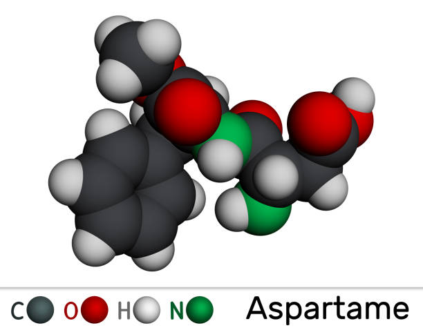 Aspartame, APM, molecule. Sugar substitute and E951. Molecular model. 3D rendering. Aspartame, APM, molecule. Sugar substitute and E951. Molecular model. 3D rendering. Illustration chemical formula for aspartame stock pictures, royalty-free photos & images