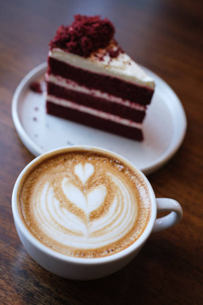 istock caramel coffee with red velvet cake 2154237417