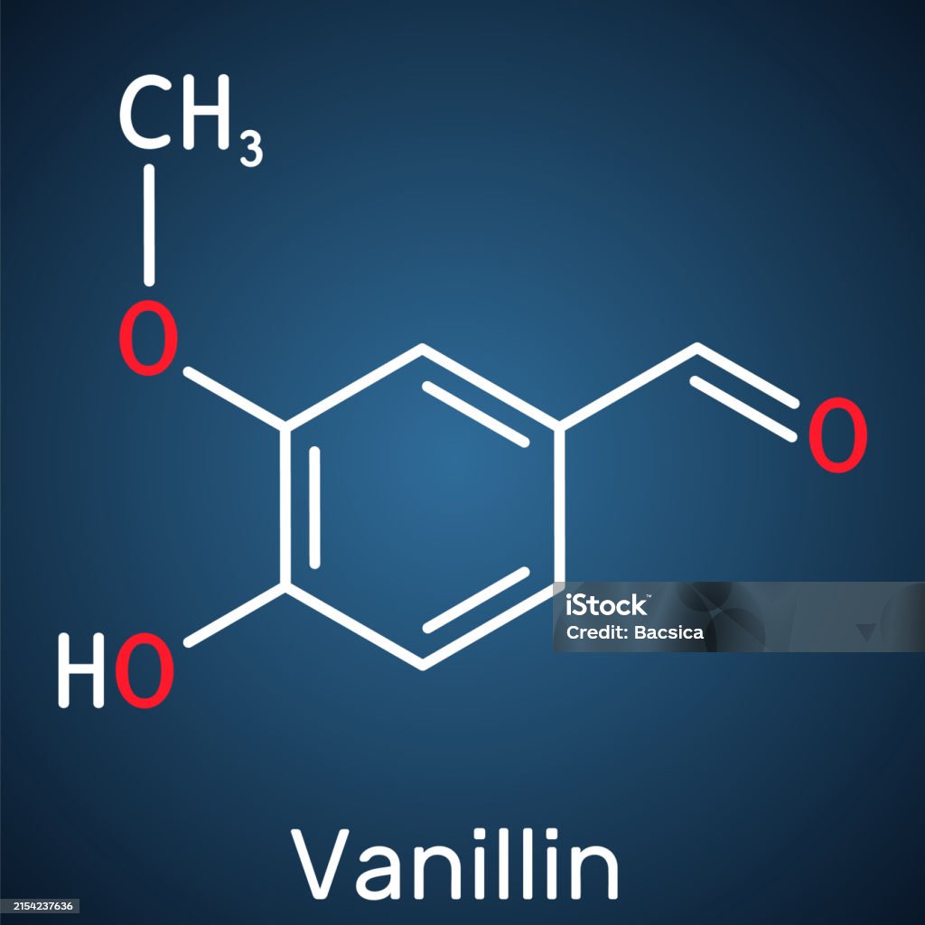 バニリン分子香味成分です紺色の背景に骨格化学式 イラストレーションのベクターアート素材や画像を多数ご用意 イラストレーション