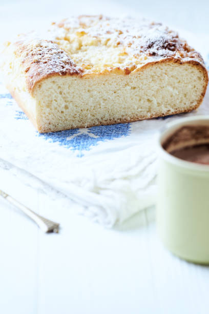 istock Simple yeast cake on bright background. Close up. 2154239906