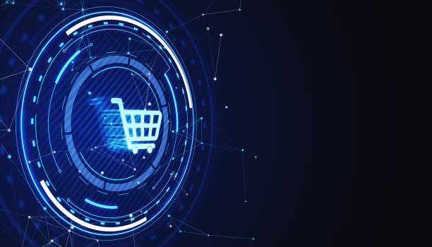 istock Digital shopping cart icon within a futuristic interface, on a dark blue abstract background, concept of online shopping. 3D Rendering 2154242070