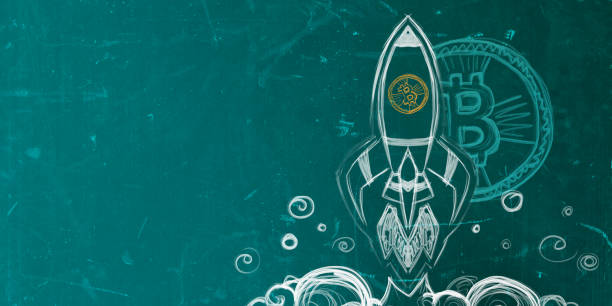 A chalkboard drawing of a rocket symbolizing a Bitcoin launch, with a creative concept on a teal background. 3D Rendering