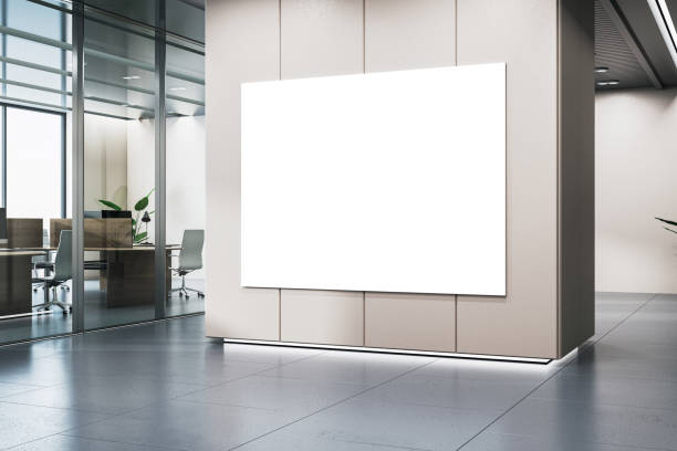 istock Modern office lobby with a white blank billboard mockup, beige wall, and tiled floor, concept of advertising. 3D Rendering 2154242299
