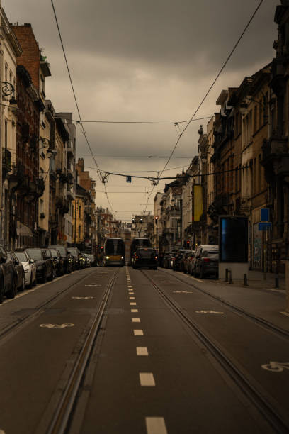 Glance on the street of Brussels, Belgium on overcast spring day