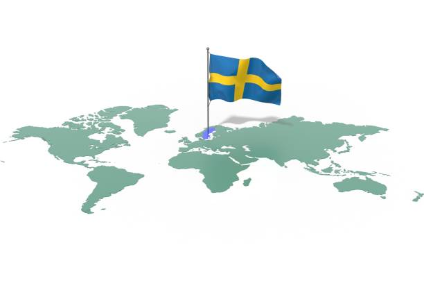 Earth map with highlighted Sweden country and flag flying in the wind