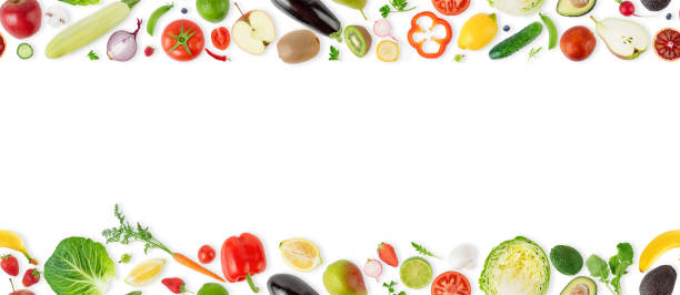 Seamless pattern banner with different fruits, vegetables and berries isolated on white background.