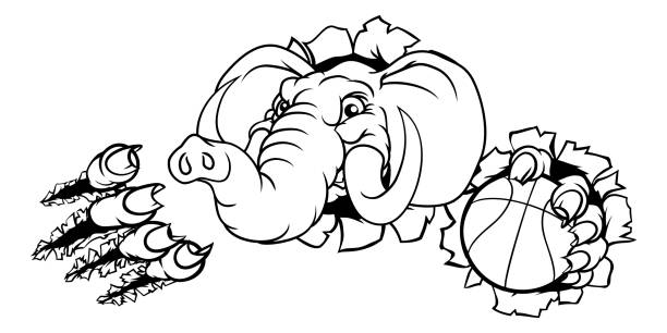Elephant Basketball Ball Sports Animal Mascot An elephant basketball sports animal mascot holding a ball and breaking through the background republican elephant logo stock illustrations