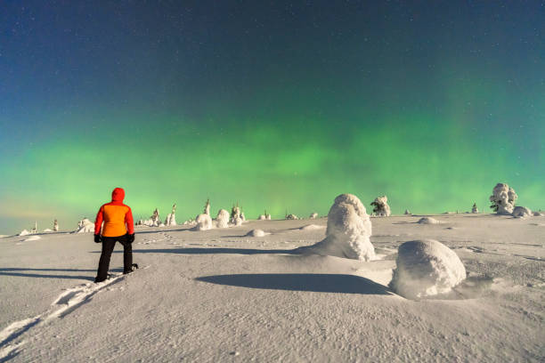 istock Hiker under northern lights, Finland 2154246421
