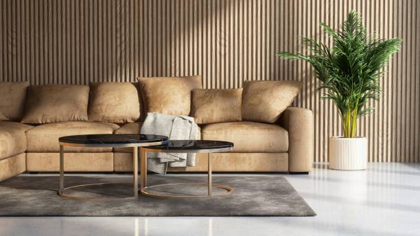 istock Brown sofa, round black marble coffee table in elegant living room in sunlight through window on corrugated wooden wall 2154248484