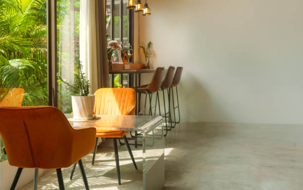 istock Empty white room and coffee table, orange arm chairs 2154249798