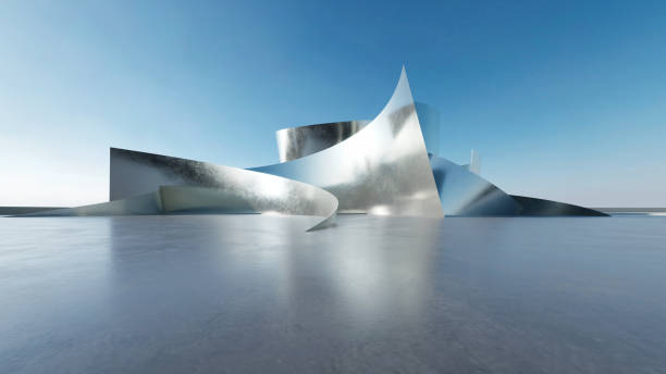 istock 3d render of abstract titanium, futuristic architecture with empty concrete floor. Scene for car presentation. 2154250783
