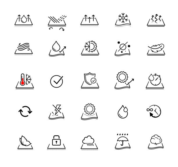 Set icons for functional fabric, clothing. The outline icons are well scalable and editable. Contrasting vector elements are good for different backgrounds. EPS10. weather protection clothing stock illustrations