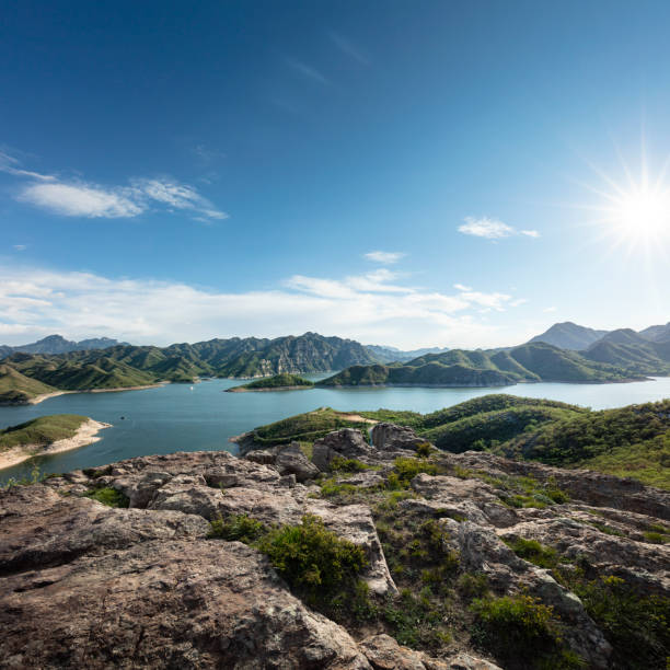 Lake rock with summer mountain natural scenery