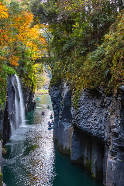 Takachiho Gorge is a narrow chasm cut through the rock by the Gokase River, plenty activities for tourists such as rowing and trekking through beautiful nature