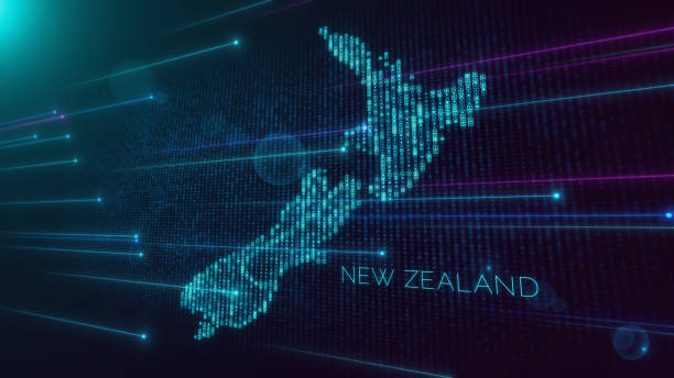 istock Futuristic Blue Violet Shiny Perspective Square Hud Particles Mosaic Grid And Text Of New Zealand Region Map With Dotted Lines Light Flare 2154262293