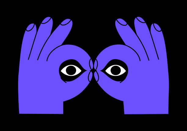 Binoculars hand gesture with eyes illustration Hand drawn cute cartoon illustration binoculars hand gesture with eyes. Flat vector searching or watching arm sign sticker doodle style. Discover or explore icon. Searching for opportunity. Isolated. cartoon of a searching stock illustrations