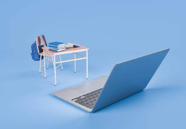istock Desk with books, backpack, and laptop on blue background 2154264896