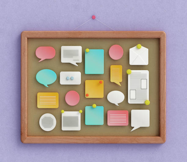 Colorful Bulletin Board Display With Various Notes and Speech Bubbles in an Office Setting During Daytime. Communications concept