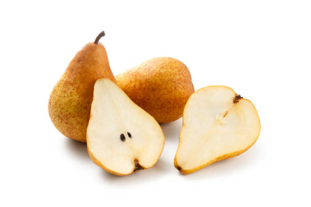 istock Two whole and halves of pears isolated on white background with clipping path. 2154267850
