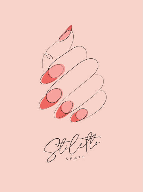 Woman hand with pink color stiletto shape peach Woman hand with pink stiletto shape nails drawing in linear style on peach background hand-with-long-nails stock illustrations