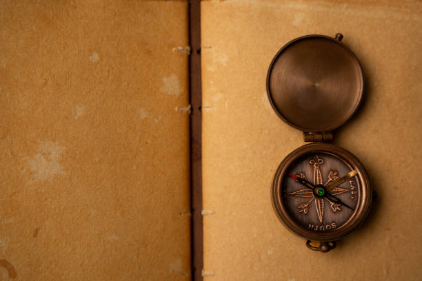 istock Navigational Compass, Compass on the old blank book page 2154276673