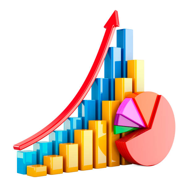 istock Colored craphs, pie charts, diagrams, bars with growth arrow. 3D rendering 2154276807