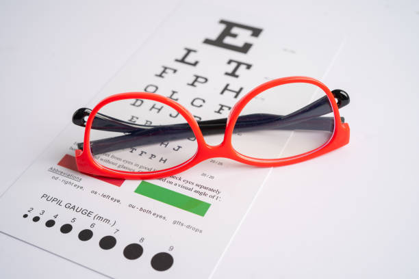 istock Glasses on eye testing exam chart to check eyesight accuracy of reading. 2154277391
