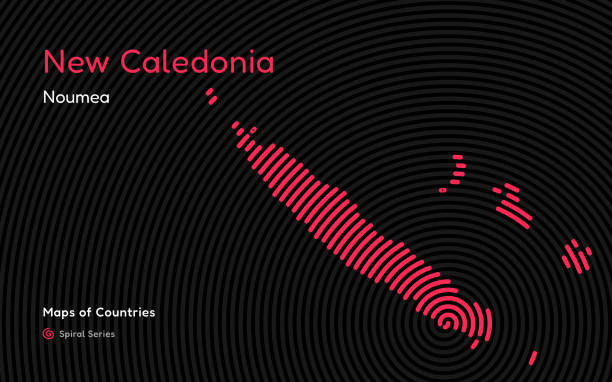 Abstract Map of New Caledonia in Spiral Pattern with Capital of Noumea World Countries vector maps series. Spiral, fingerprint series french-colonial stock illustrations