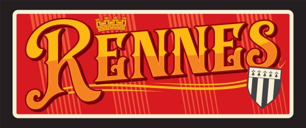 Rennes French prefecture in Brittany region. Vector travel plate, vintage tin sign, retro welcome postcard or signboard. French souvenir plaque with shield, flag and royal crown