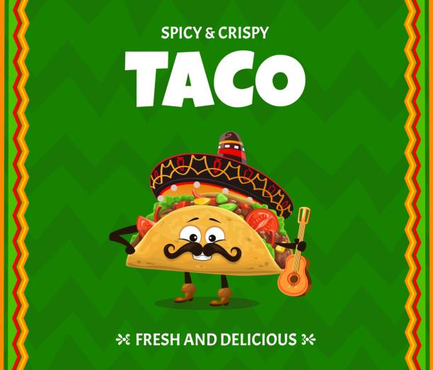 Cartoon taco character, Mexican or Tex Mex cuisine Cartoon taco character for Mexican cuisine and Tex Mex food menu, vector poster. Funny taco in sombrero with chili pepper ornament, mariachi guitar and mustaches for Mexican kitchen snacks background chili pepper border stock illustrations