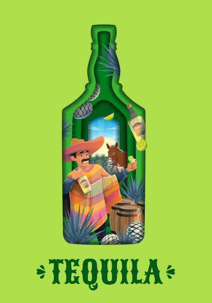 Tequila bottle paper cut banner, Mexican drink Tequila bottle paper cut banner of Mexican blue agave alcohol drink, vector background. Tequila bottle shape paper cut frame with Mexican charro man in sombrero, donkey and wooden barrel with limes mexican mule stock illustrations