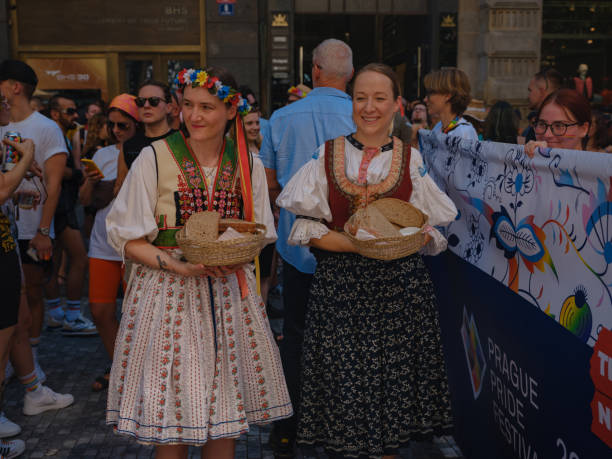 Prague, Czech Republic - August 12, 2023: Pride month in old city center. beautiful people in national Czech costumes