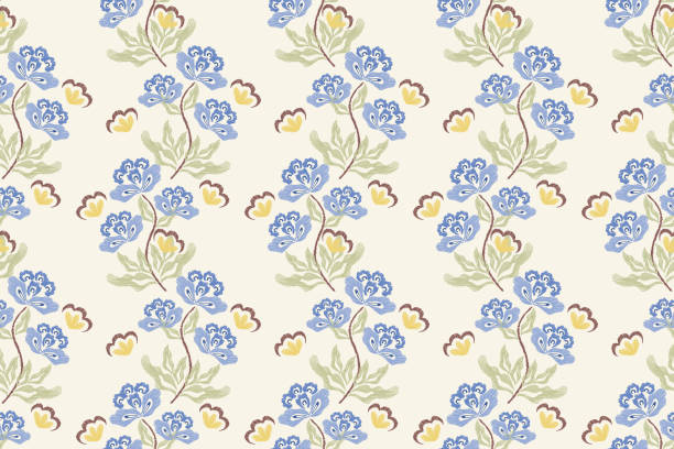 Blue flower pattern seamless background border frame. Vector illustration hand drawn  orchid floral with branches leaves.