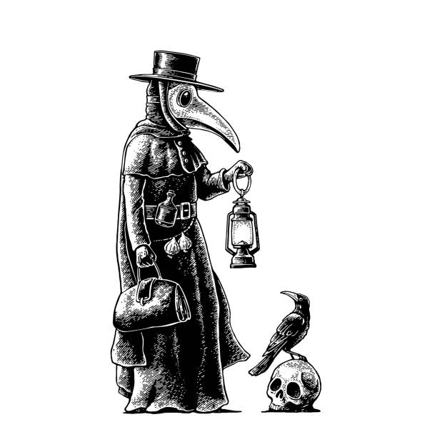 morový doktor s ptačí maskou. vrána sedící na lebce. rytina - dýmějový mor stock ilustrace