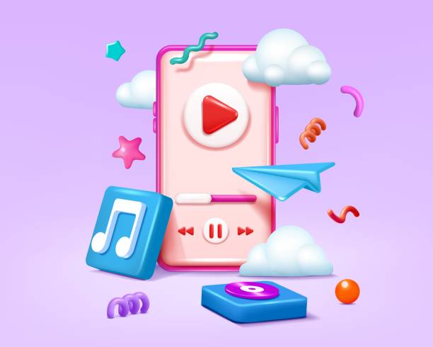 istock 3D music icon. Phone render. Cellphone with playlist app. Online streaming soundtrack play. Radio broadcast. Mobile application. Smartphone player. Podcast listen. Vector background 2154298024