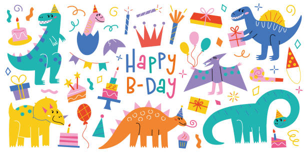 Cute dinosaur birthday set, vector illustration of happy party, collection with cake, gifts, balloons, and hats. Flat cartoon style, colorful doodles, playful characters, festive celebration elements Cute dinosaur birthday set, vector illustration of happy party, collection with cake, gifts, balloons, and hats. Flat cartoon style, colorful doodles, playful characters, festive celebration elements for greeting cards and invitations dinosaur birthday stock illustrations