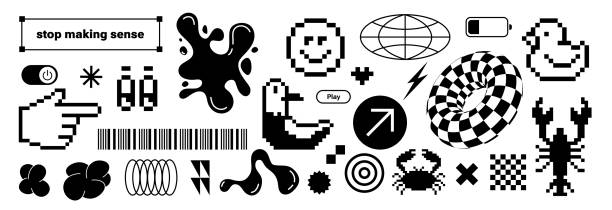 Trendy retro stickers Y2k. Flat pixelated design. Cool pop art elements. Retro elements. Black and white. funky typography. zine aesthetic. Vectored shapes, retro vibes. Seagull, duck, liquid form. Trendy stickers Y2k. Retro elements. pixelated design, funky typography. Zine aesthetic and retro vibes. Vectored shapes: Hand, eye and curve. Checker board. Tools for designer. Global. Vector illustration cartoon t shirt design stock illustrations