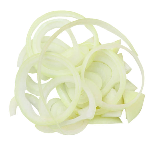 istock Chopped onion rings isolated on a white background. Onion slices  closeup 2154305887