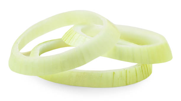 istock Chopped onion rings isolated on a white background. Onion slices  closeup 2154306213