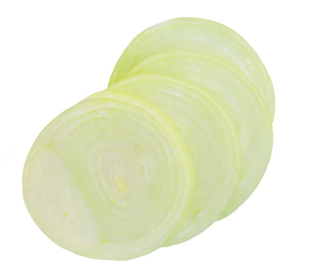 istock Chopped onion pieces isolated on a white background. Onion slices top view. Flat lay. 2154306253