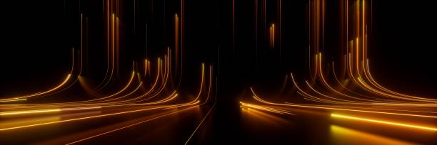 istock 3d rendering, abstract neon background. Modern wallpaper with glowing gold ascending lines, random impulse 2154313104
