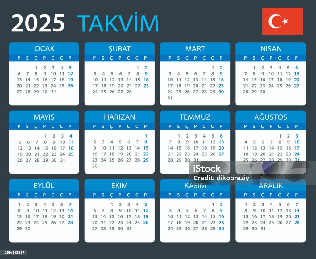 2025 Calendar Turkey Vector Template Graphic Illustration Turkish