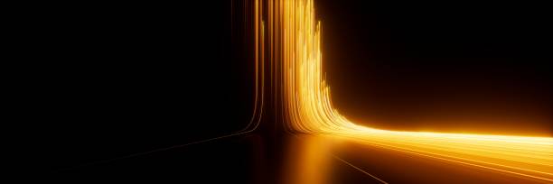 istock 3d render, abstract neon wallpaper. Yellow glowing lines over black background. Streaming energy 2154313906