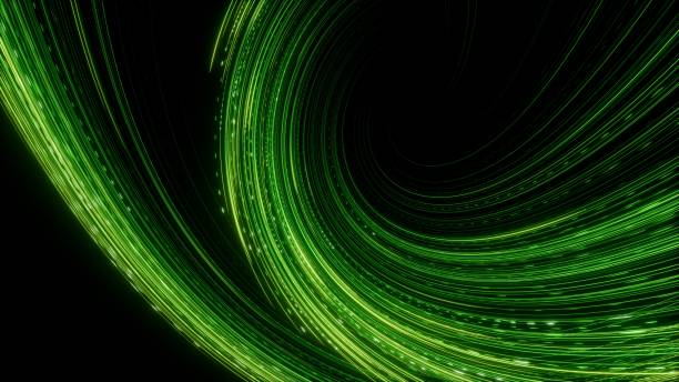 istock 3d render, abstract wallpaper. Green neon lines over black background. Streaming energy. Particles moving and leaving glowing tracks 2154313953