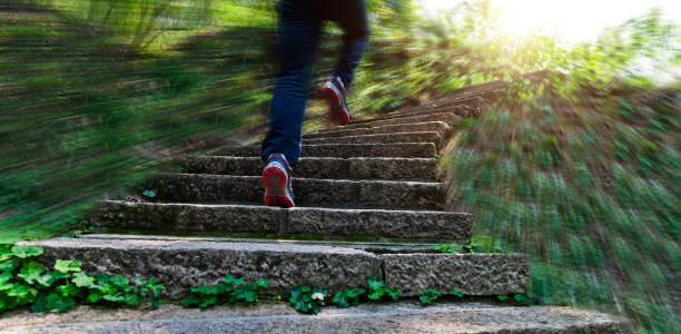 istock Low section of man running on forest stairs 2154316527