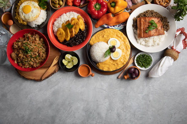 Buffet table full of lunch assorted dishes Peru Peruvian food