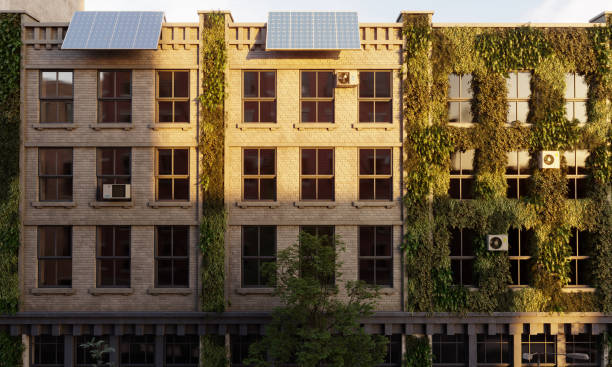 Sustainable building with solar panels and vertical garden. (3d render)