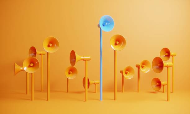 istock Blue colored megaphone standing out from the crowd 2154319724